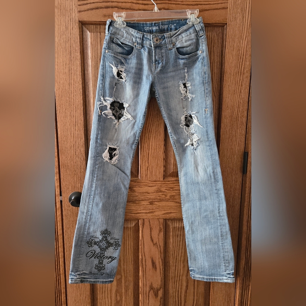 Cowgirl Tuff Light Blue Distressed Straight Leg Jeans
